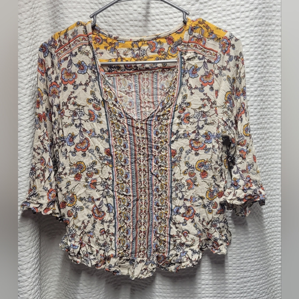 Boho Floral Print Blouse with Yellow Accents